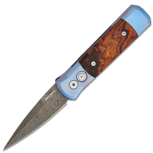 Pro-Tech-2024-Custom-Deser- Ironwood-Godson-Auto-Knife-Damascus-Blade